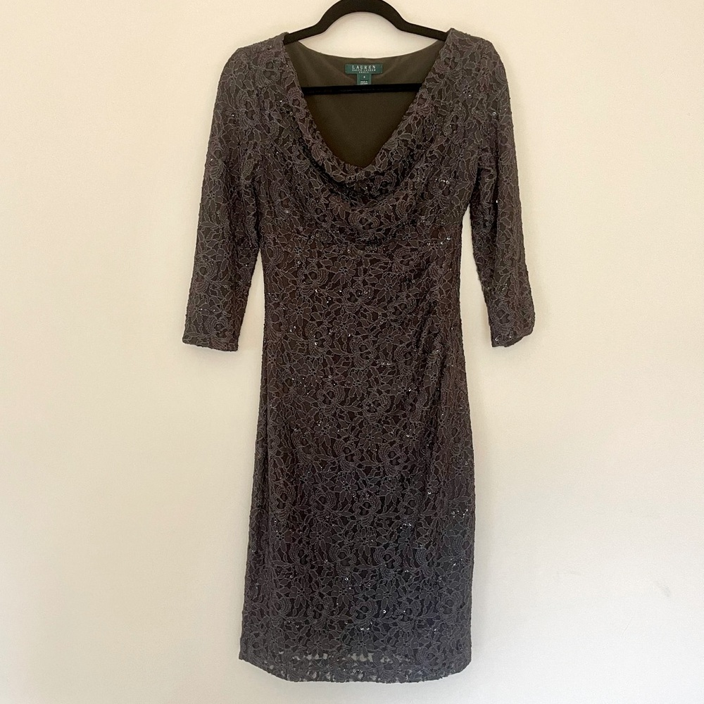Lauren Ralph Lauren Gray Lace Sequin Cocktail Dress - Picture 1 of 8